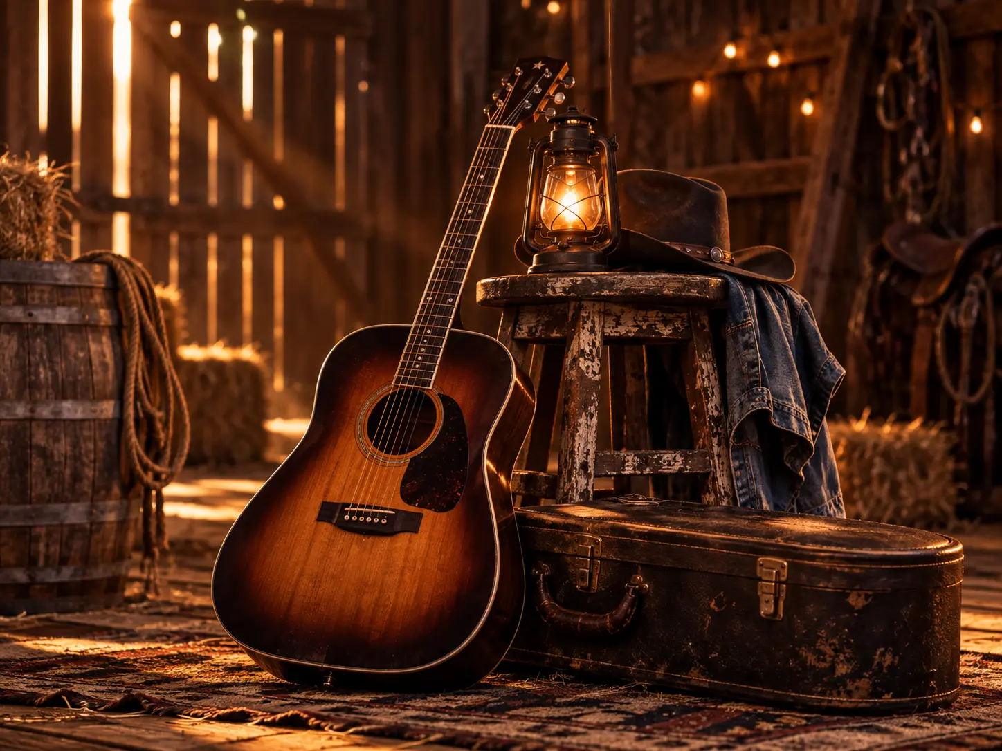 Weathered acoustic guitar beside a glowing lantern