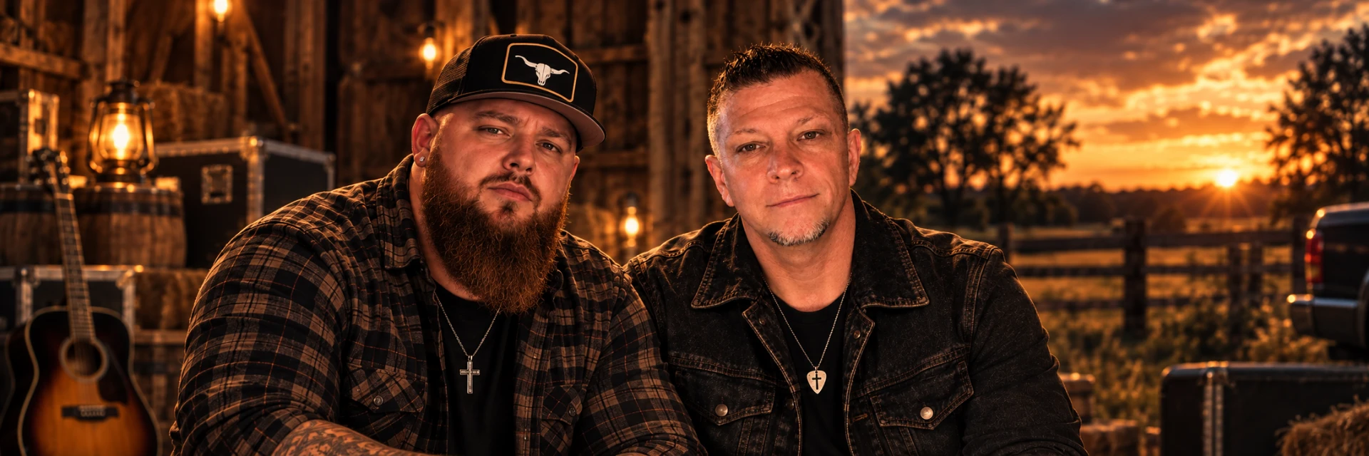 Whiskey Lantern country duo in a lantern-lit barn at sunset